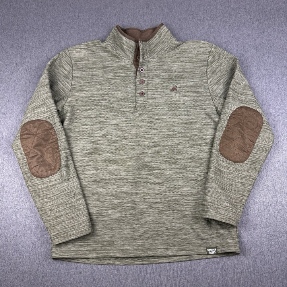 CATCHIN DEERS 1/4 BUTTON PULLOVER SWEATSHIRT JACKET L ELBOW PATCH FLEECE LINED
